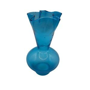 Vintage Kreiss Ruffle Pulled Blue Glass Bulb Vase Stands 6 Inches Tall
